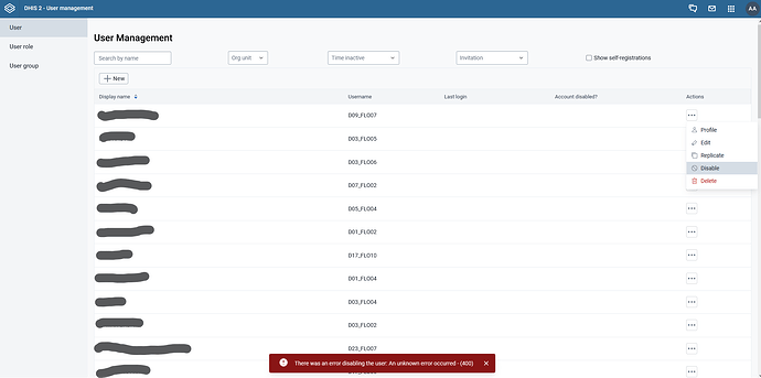 User disable from User Management page